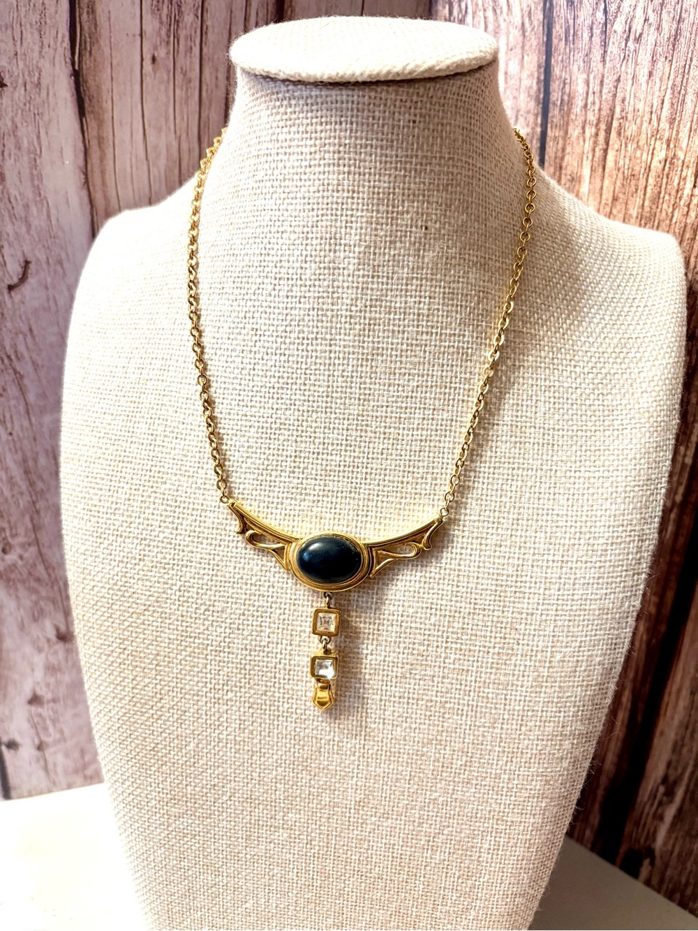 Monet Vintage Gold-Tone Necklace with Black Stone and Crystal Drops - Picture 1 of 4